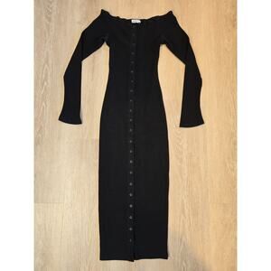 The Line by K Black Gaby Ribbed Button Front Midi Dress Size S Long Sleeve